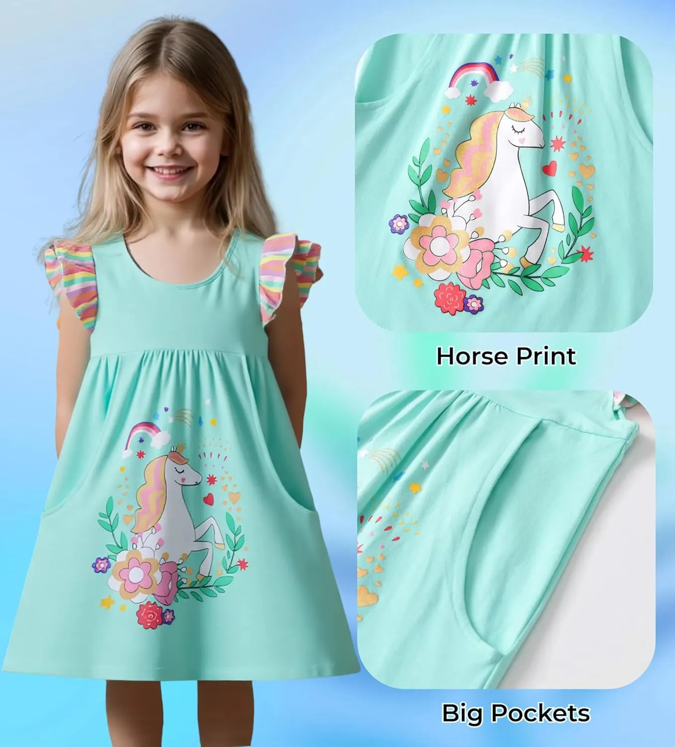 DXTON Toddler Girls Dresses Easter Rainbow Short Sleeve Cotton Casual Summer Birthday School Sundress