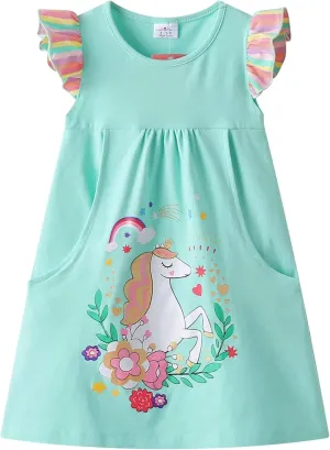 DXTON Toddler Girls Dresses Easter Rainbow Short Sleeve Cotton Casual Summer Birthday School Sundress