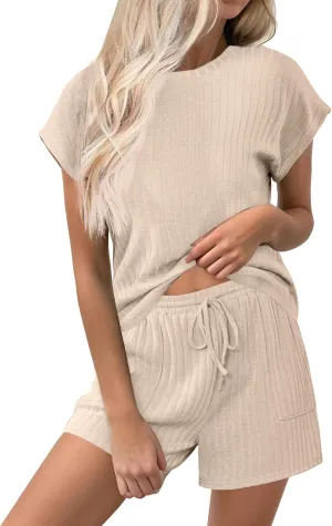 Ekouaer Pajamas Set for Women 2 Piece Pjs Ribbed Knit Lounge Set Cap Sleeve Loungewear Sleepwear S-XXL