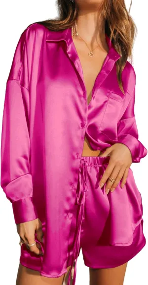 Ekouaer Womens 2 Piece Satin Pajama Set Long Sleeve PJs Sets Button Down Lounge Sets Soft Sleepwear Set
