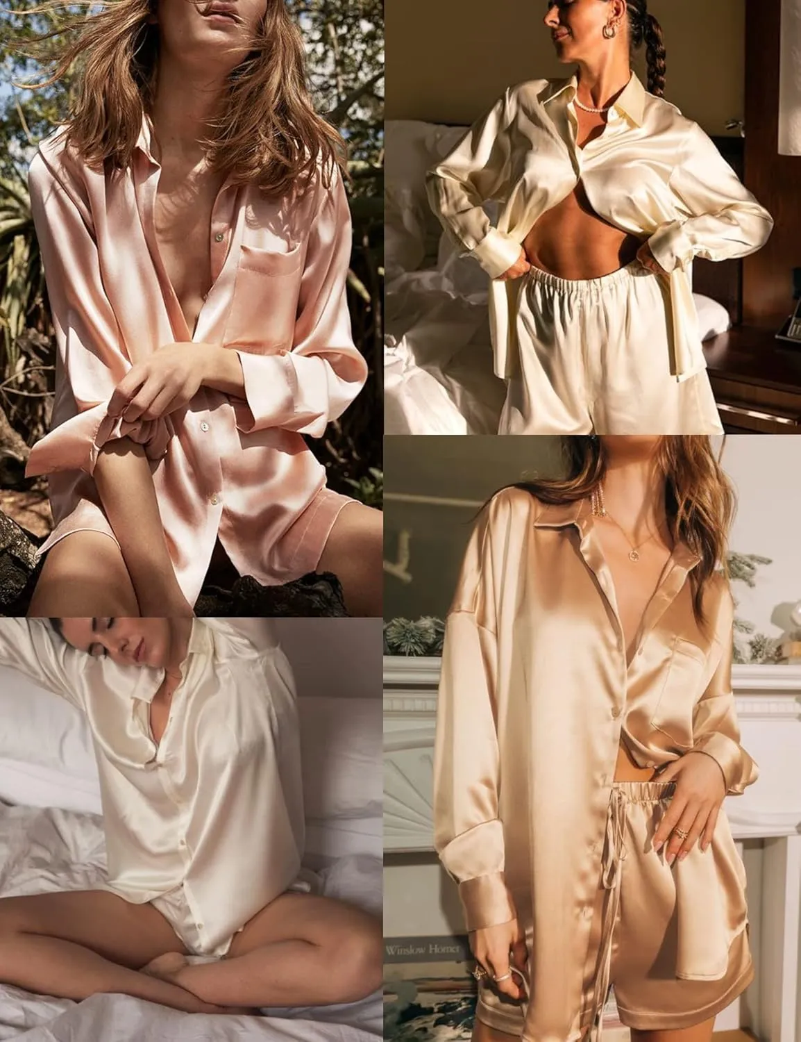 Ekouaer Womens 2 Piece Satin Pajama Set Long Sleeve PJs Sets Button Down Lounge Sets Soft Sleepwear Set
