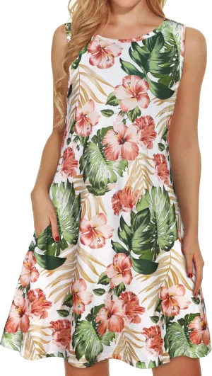 elescat Women's Summer Dresses 2025 Beach Casual Sleeveless Floral Print Tank Loose Sundress with Pocket