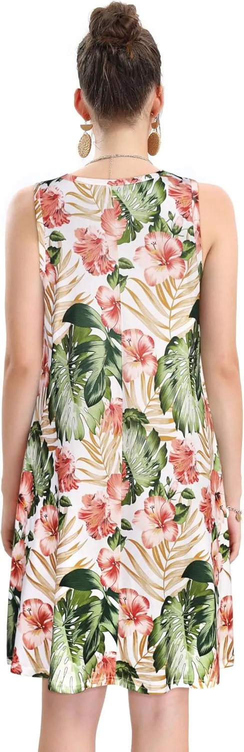 elescat Women's Summer Dresses 2025 Beach Casual Sleeveless Floral Print Tank Loose Sundress with Pocket