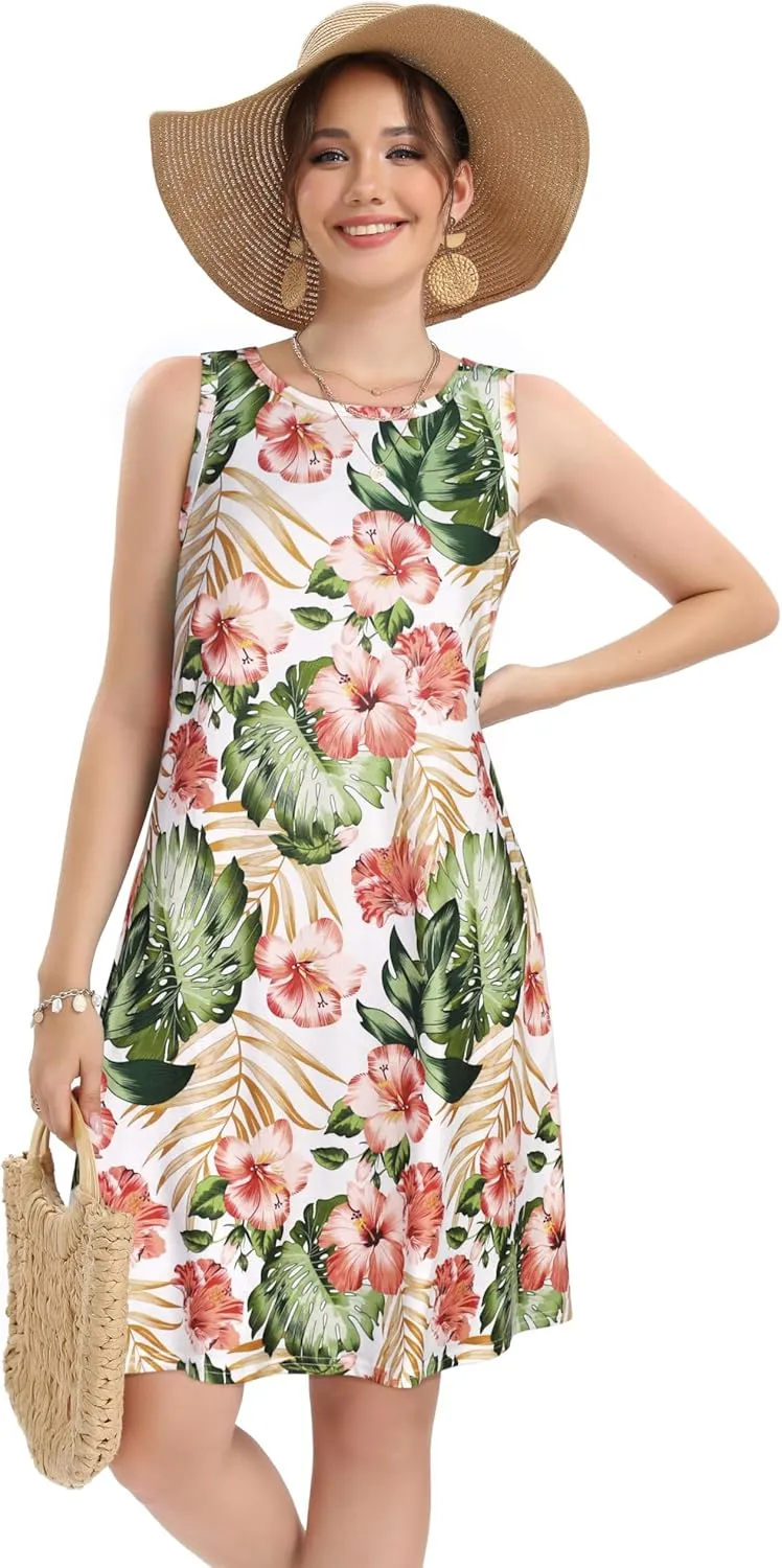elescat Women's Summer Dresses 2025 Beach Casual Sleeveless Floral Print Tank Loose Sundress with Pocket