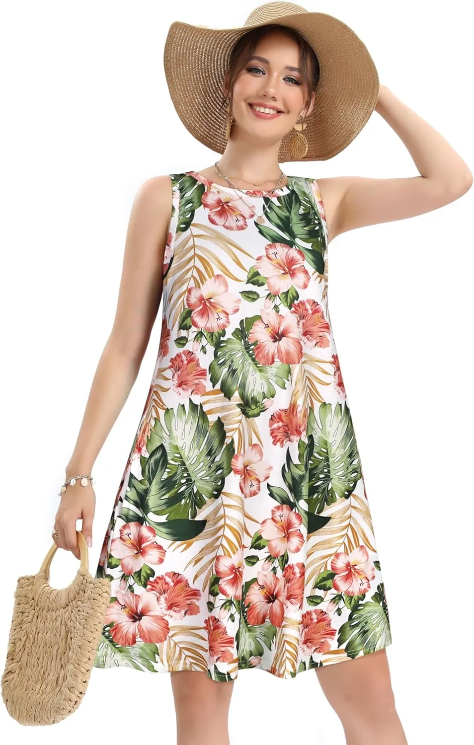 elescat Women's Summer Dresses 2025 Beach Casual Sleeveless Floral Print Tank Loose Sundress with Pocket