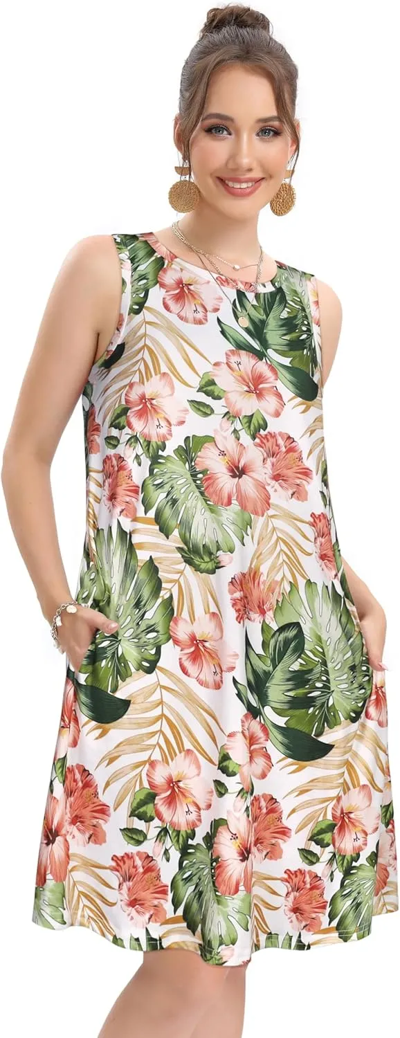 elescat Women's Summer Dresses 2025 Beach Casual Sleeveless Floral Print Tank Loose Sundress with Pocket