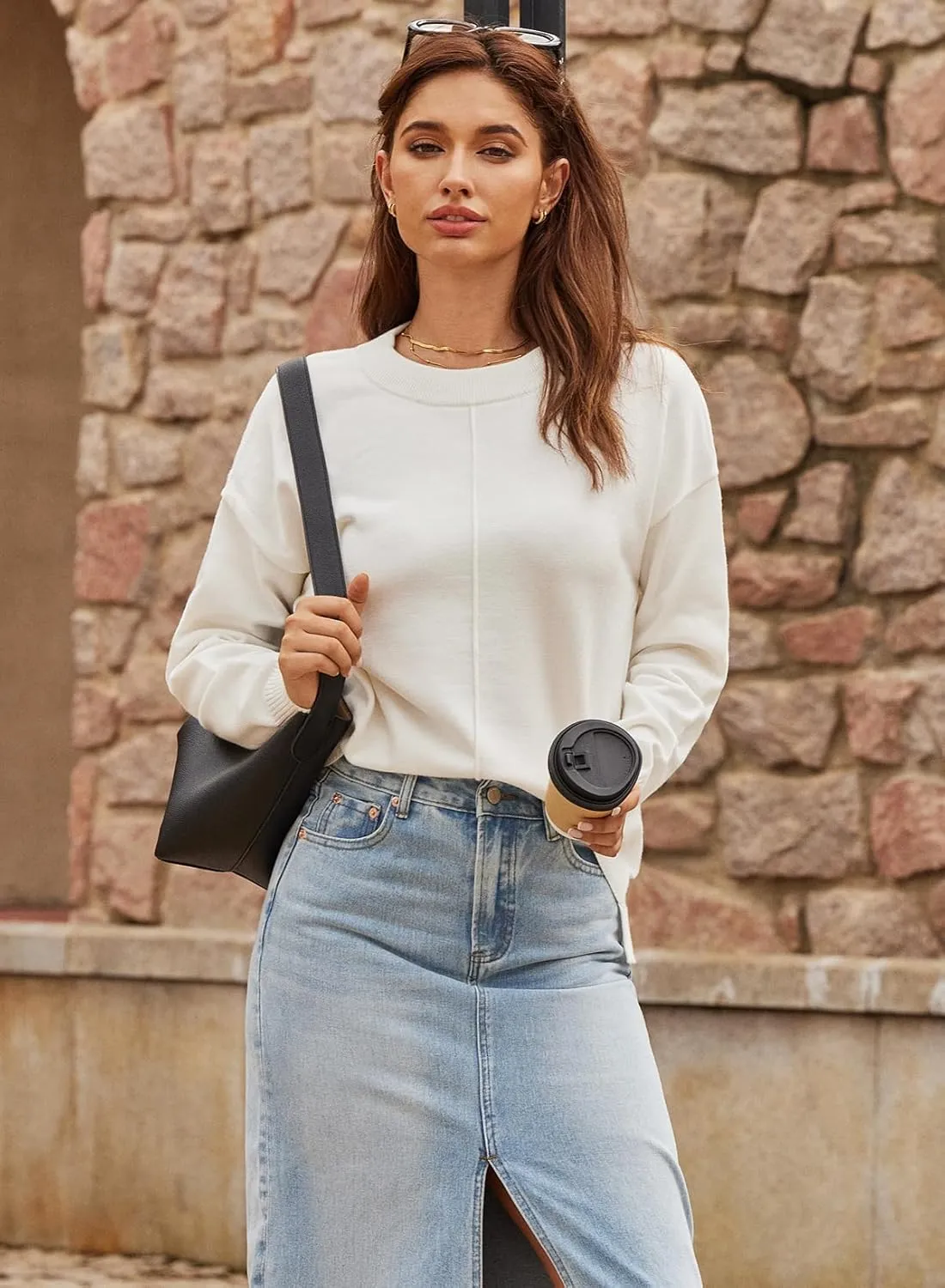 EVALESS Womens Fall Sweaters 2024 Fashion Crewneck Long Sleeve Pleated Knitted Casual Pullover Tops