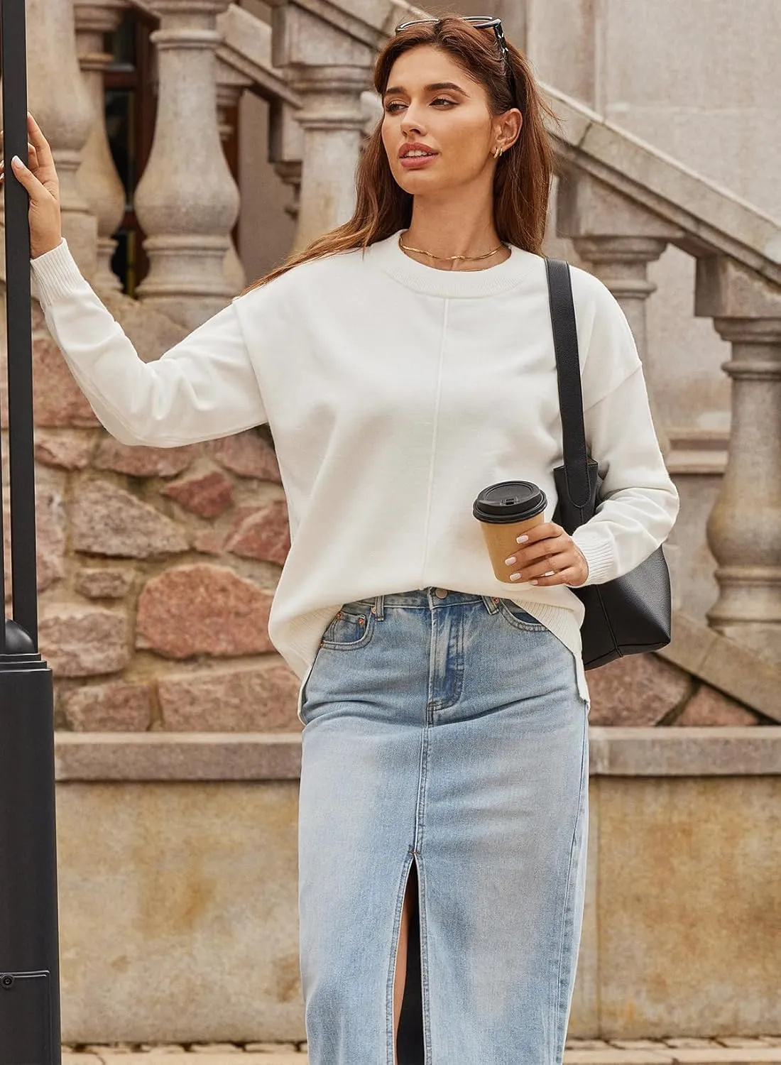 EVALESS Womens Fall Sweaters 2024 Fashion Crewneck Long Sleeve Pleated Knitted Casual Pullover Tops