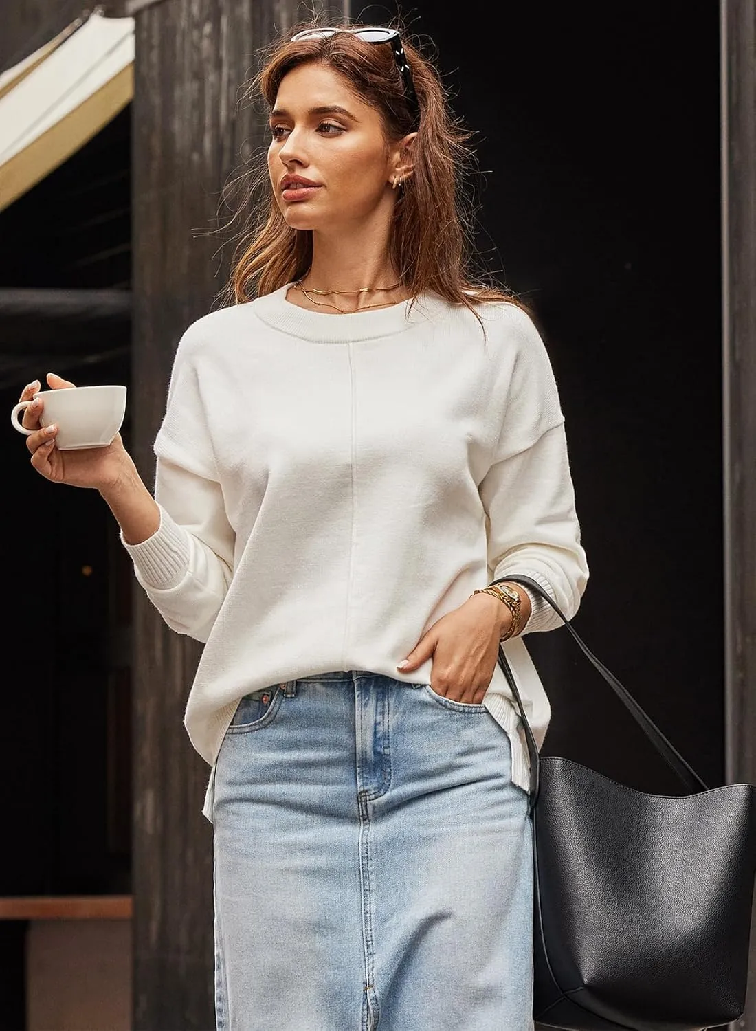 EVALESS Womens Fall Sweaters 2024 Fashion Crewneck Long Sleeve Pleated Knitted Casual Pullover Tops