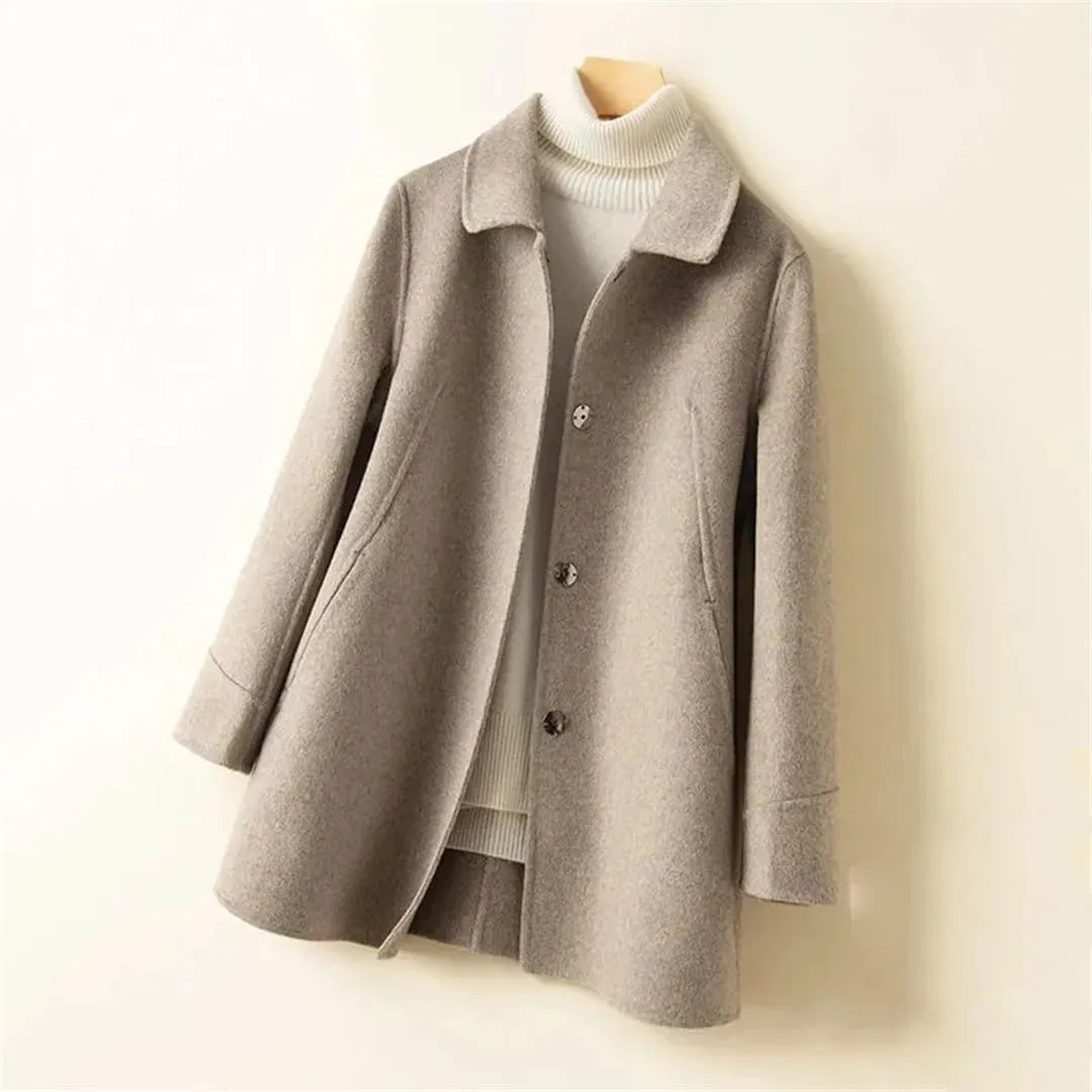 Fjnbbiot Autumn Winter Coat Women Woolen Jacket Single-Breasted Double-Sided Cashmere Long Solid Color Pea Coat