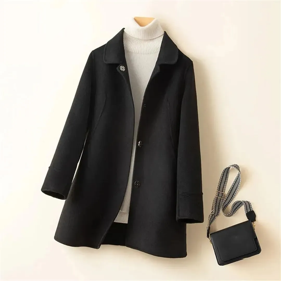 Fjnbbiot Autumn Winter Coat Women Woolen Jacket Single-Breasted Double-Sided Cashmere Long Solid Color Pea Coat