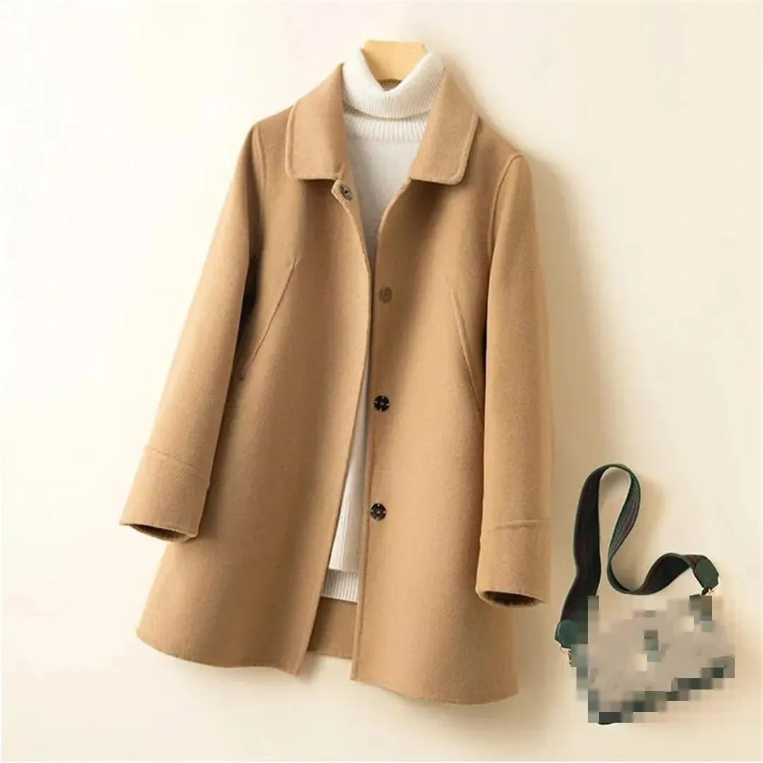 Fjnbbiot Autumn Winter Coat Women Woolen Jacket Single-Breasted Double-Sided Cashmere Long Solid Color Pea Coat