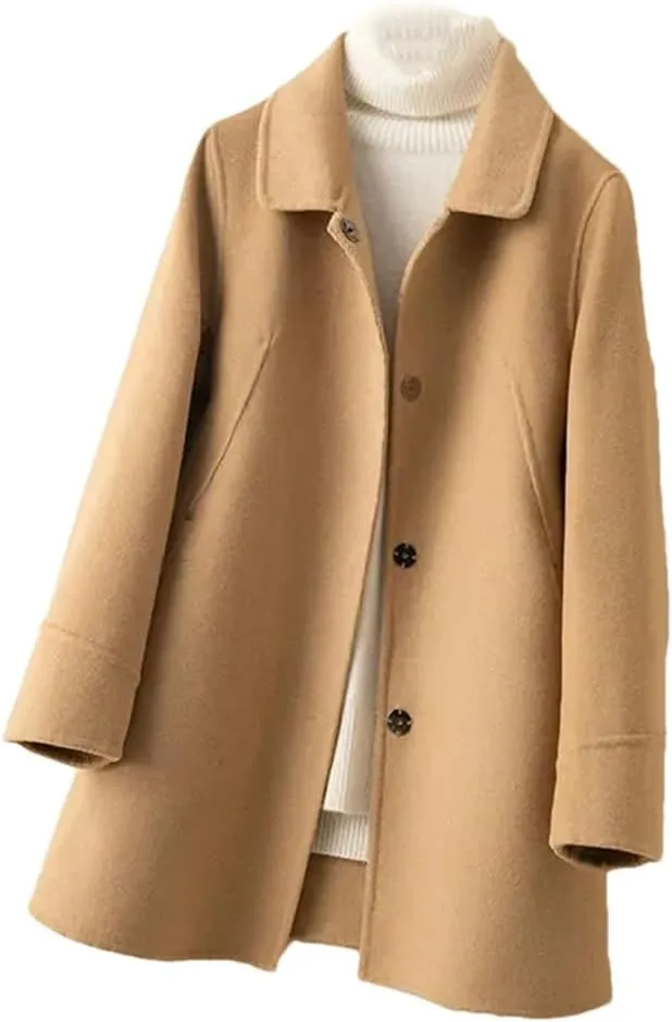 Fjnbbiot Autumn Winter Coat Women Woolen Jacket Single-Breasted Double-Sided Cashmere Long Solid Color Pea Coat