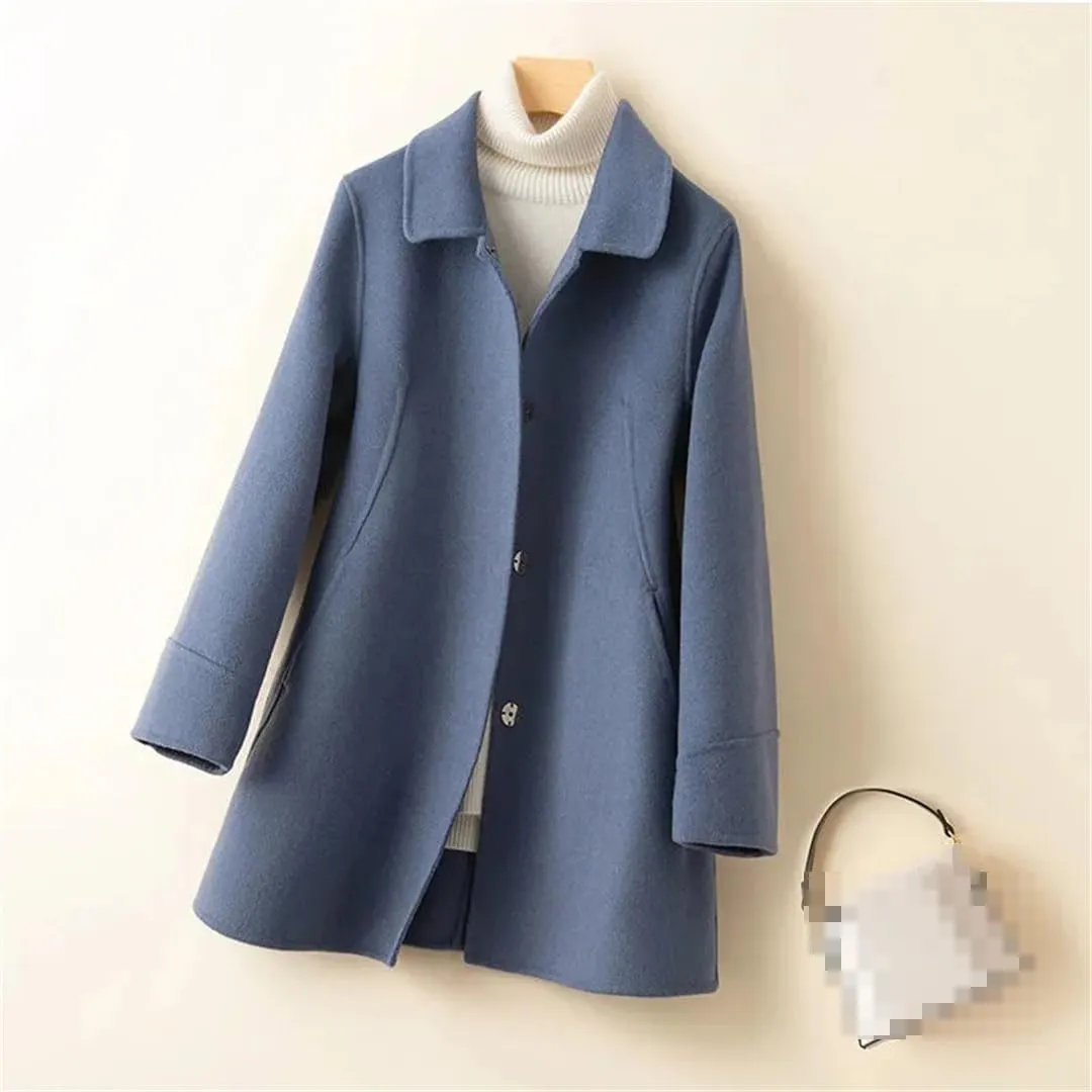 Fjnbbiot Autumn Winter Coat Women Woolen Jacket Single-Breasted Double-Sided Cashmere Long Solid Color Pea Coat