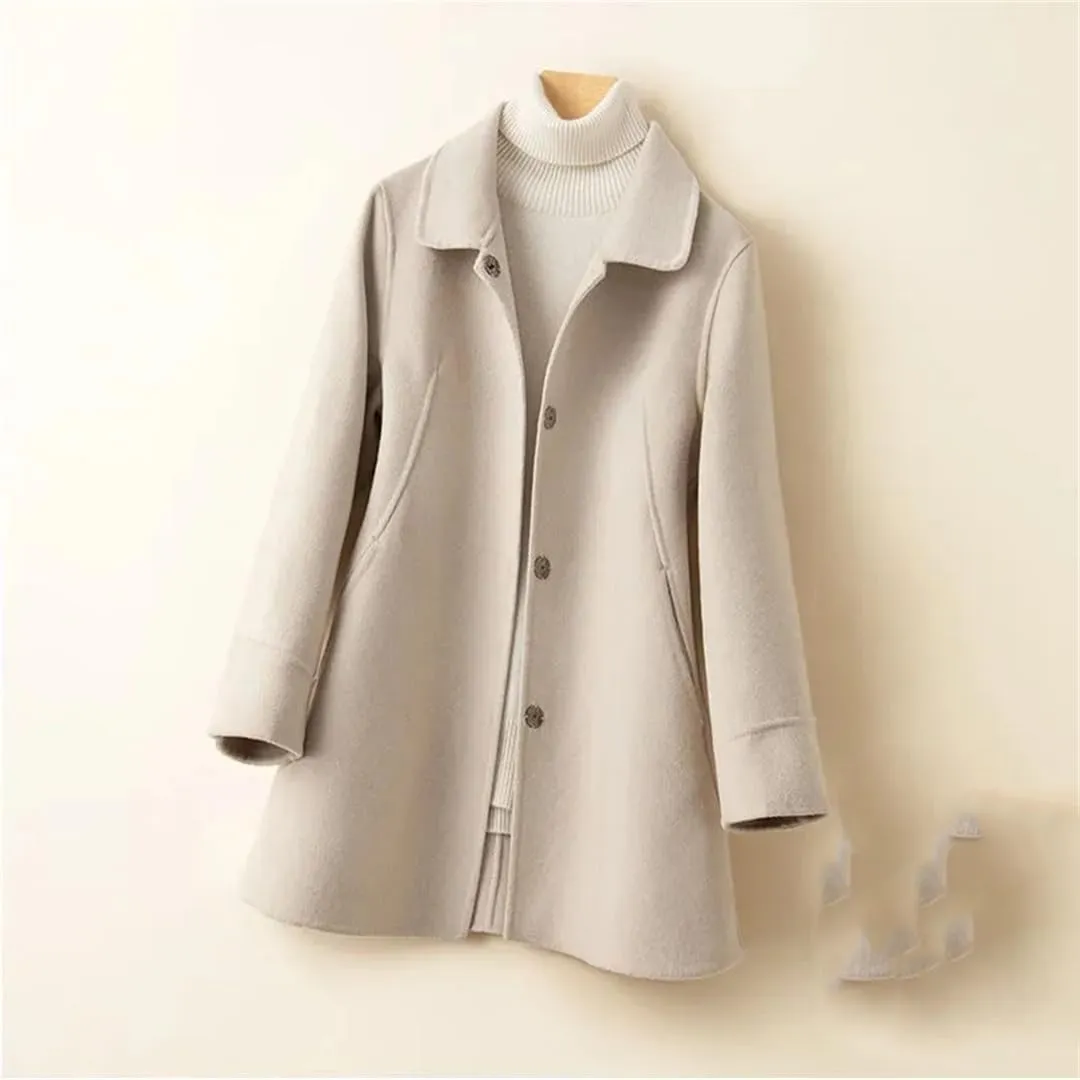 Fjnbbiot Autumn Winter Coat Women Woolen Jacket Single-Breasted Double-Sided Cashmere Long Solid Color Pea Coat