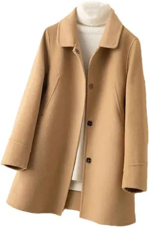 Fjnbbiot Autumn Winter Coat Women Woolen Jacket Single-Breasted Double-Sided Cashmere Long Solid Color Pea Coat