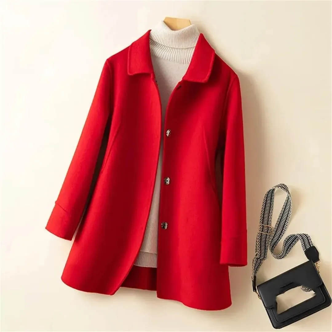 Fjnbbiot Autumn Winter Coat Women Woolen Jacket Single-Breasted Double-Sided Cashmere Long Solid Color Pea Coat