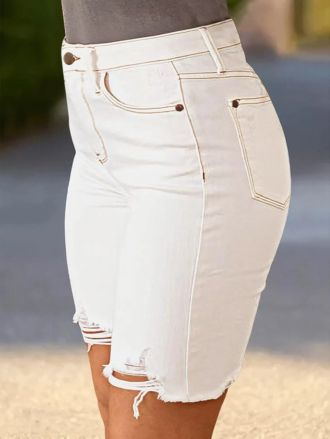 Flamingals High Waisted Bermuda Shorts for Women Ripped Raw Hem Stretchy Denim Shorts Trendy Summer Casual