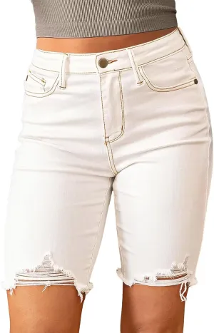 Flamingals High Waisted Bermuda Shorts for Women Ripped Raw Hem Stretchy Denim Shorts Trendy Summer Casual