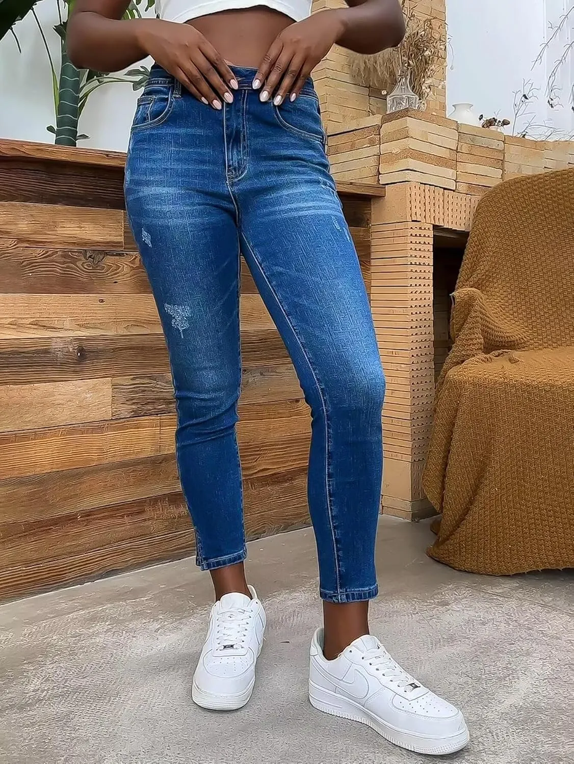 Flamingals Women's Ripped Detail Split Hem High Waist Skinny Jeans