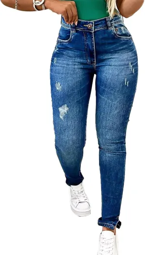 Flamingals Women's Ripped Detail Split Hem High Waist Skinny Jeans