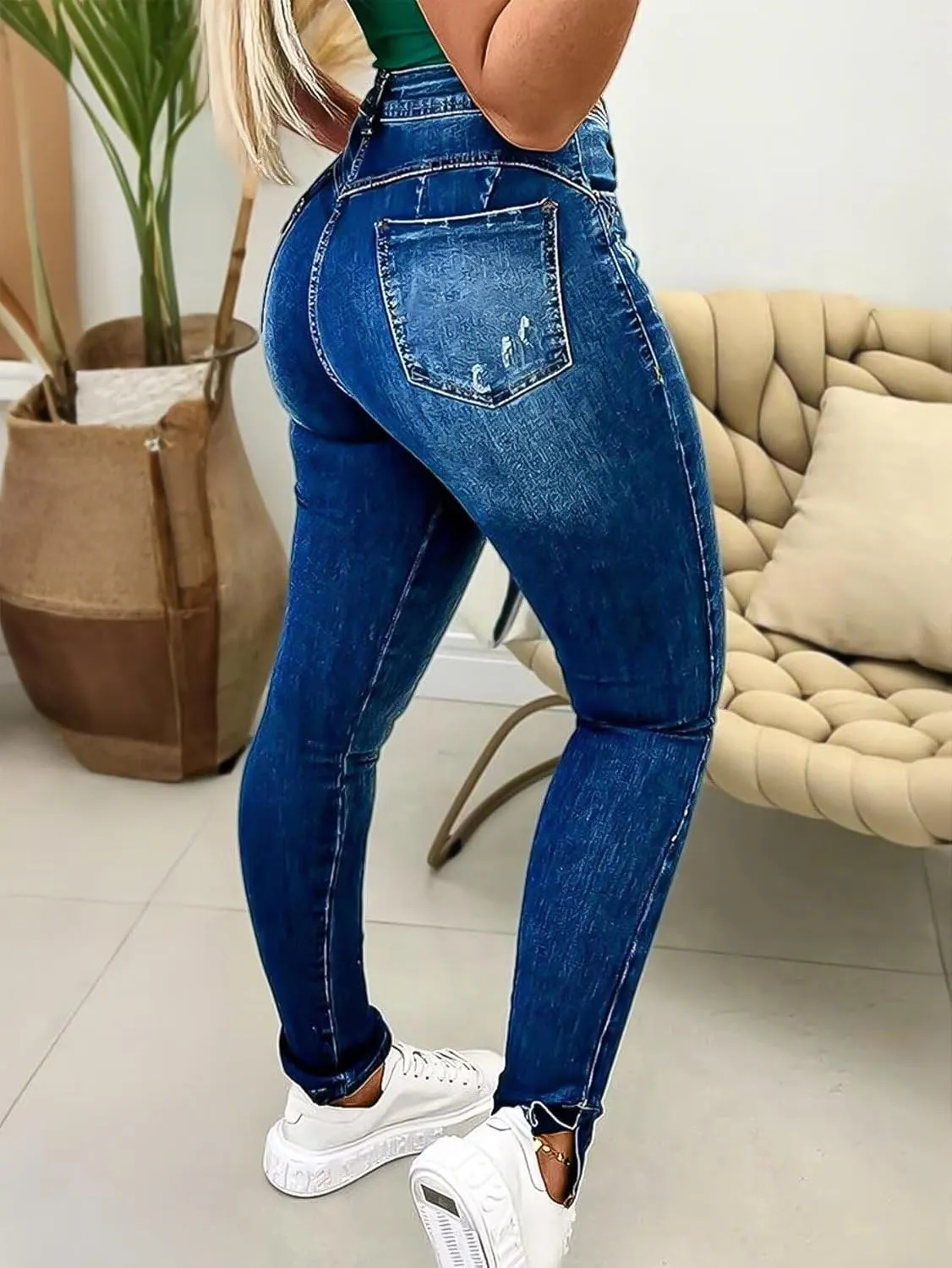 Flamingals Women's Ripped Detail Split Hem High Waist Skinny Jeans