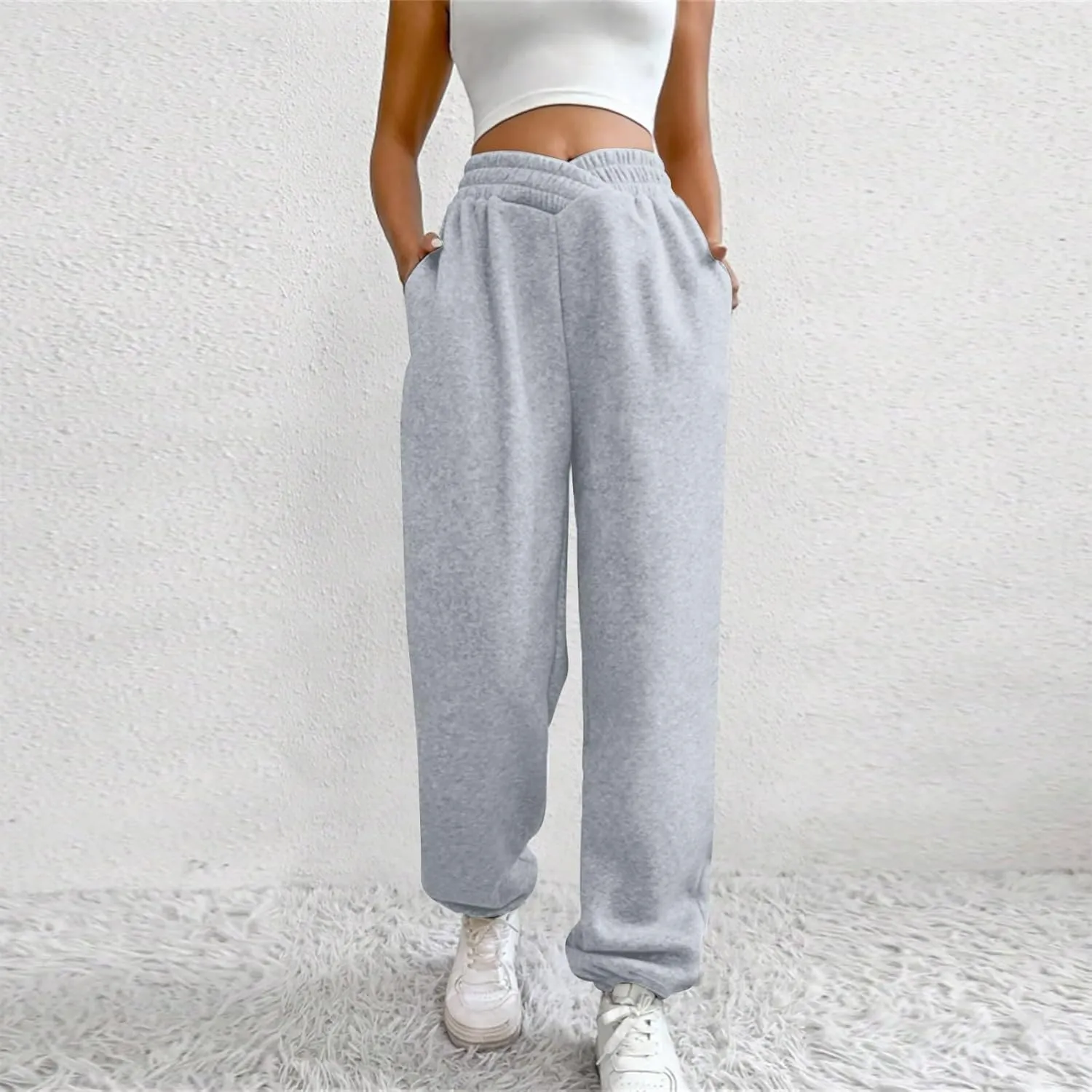 Fleece Joggers for Women Y2k Baggy Cute Sweatpants Casual Crossover High Waisted Athletic Jogger Pants with Pockets