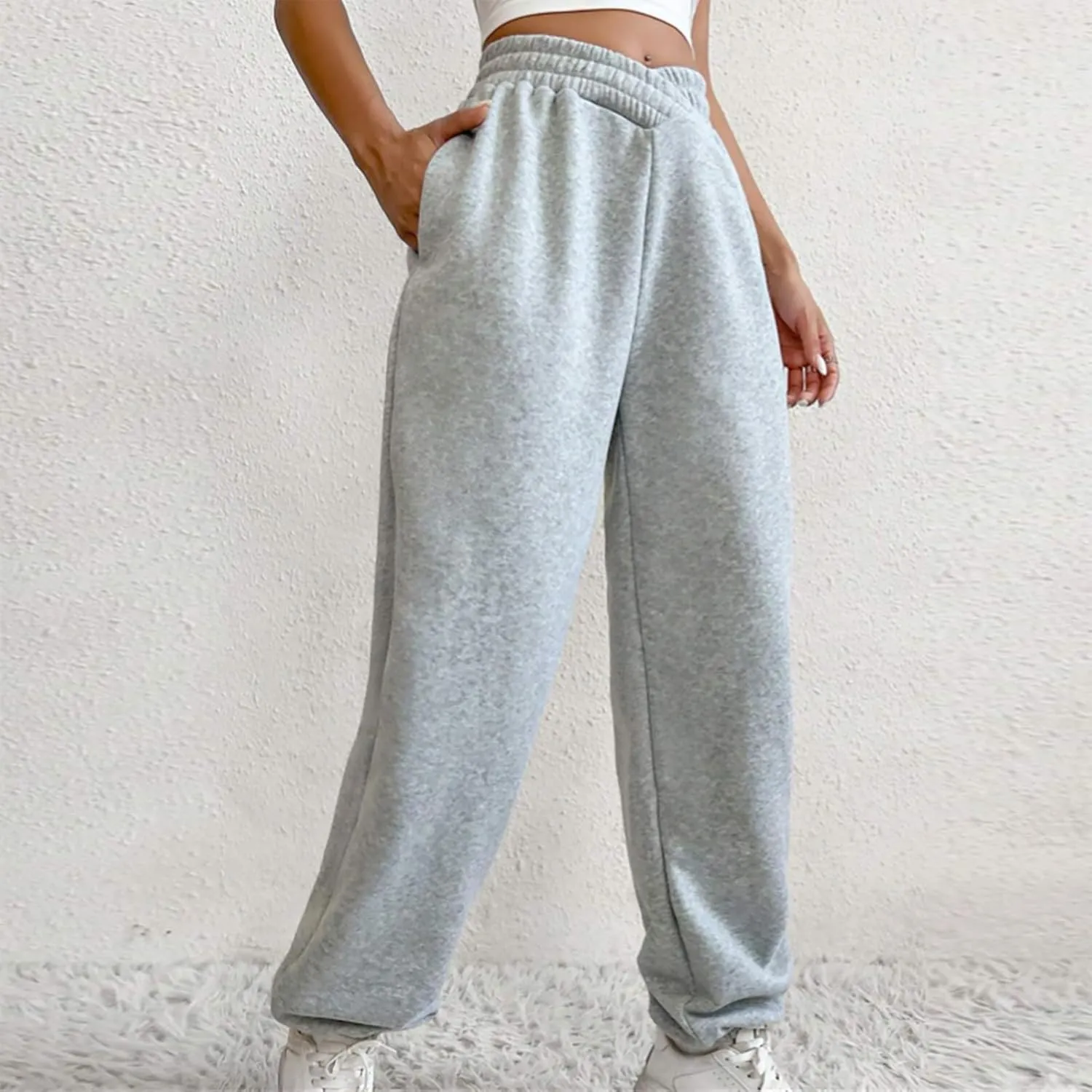 Fleece Joggers for Women Y2k Baggy Cute Sweatpants Casual Crossover High Waisted Athletic Jogger Pants with Pockets