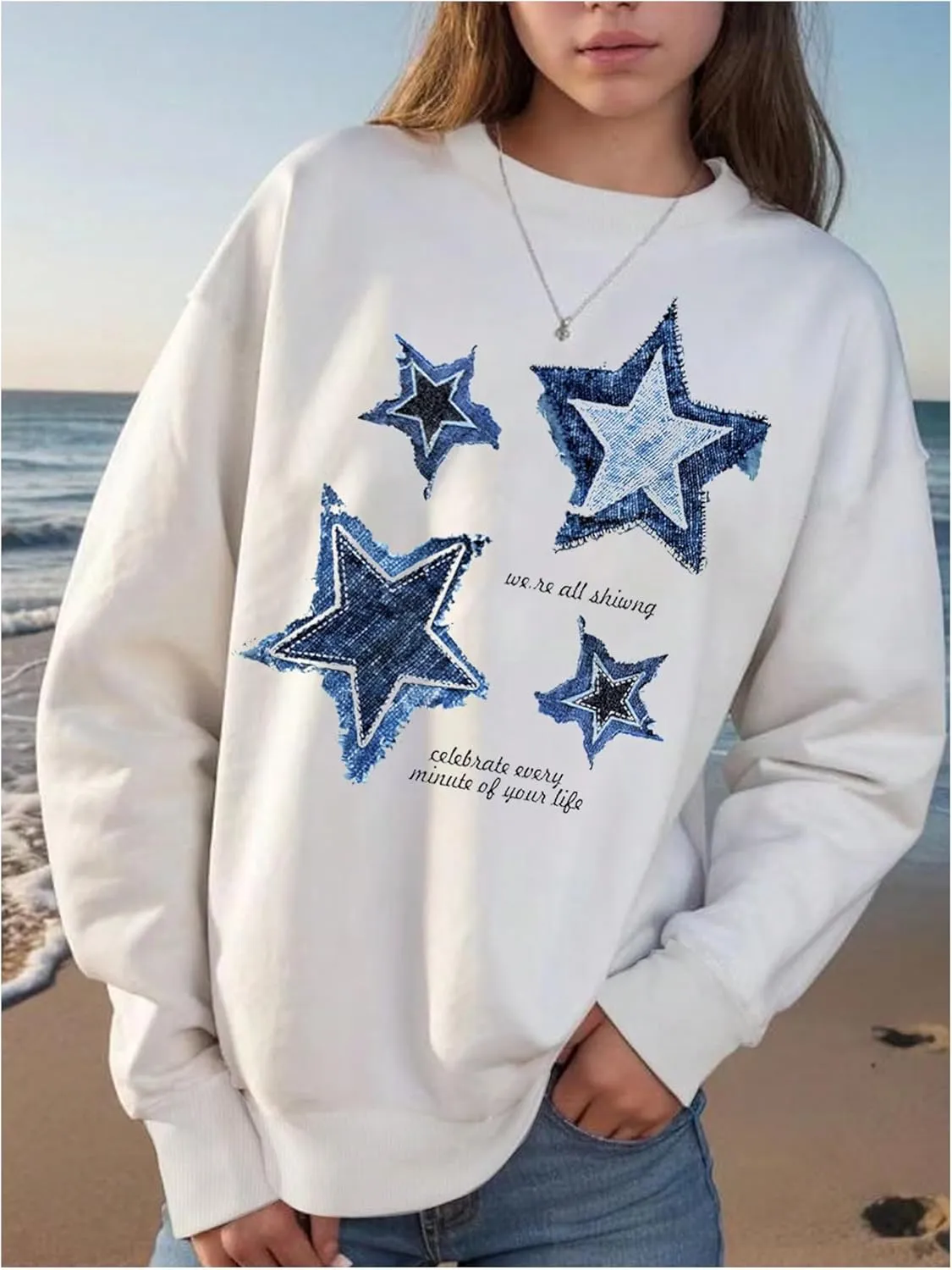 Floerns Girl's Star Graphic Crew Neck Sweatshirts Long Sleeve Y2k Pullover Tops