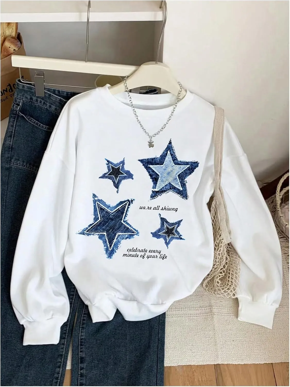 Floerns Girl's Star Graphic Crew Neck Sweatshirts Long Sleeve Y2k Pullover Tops