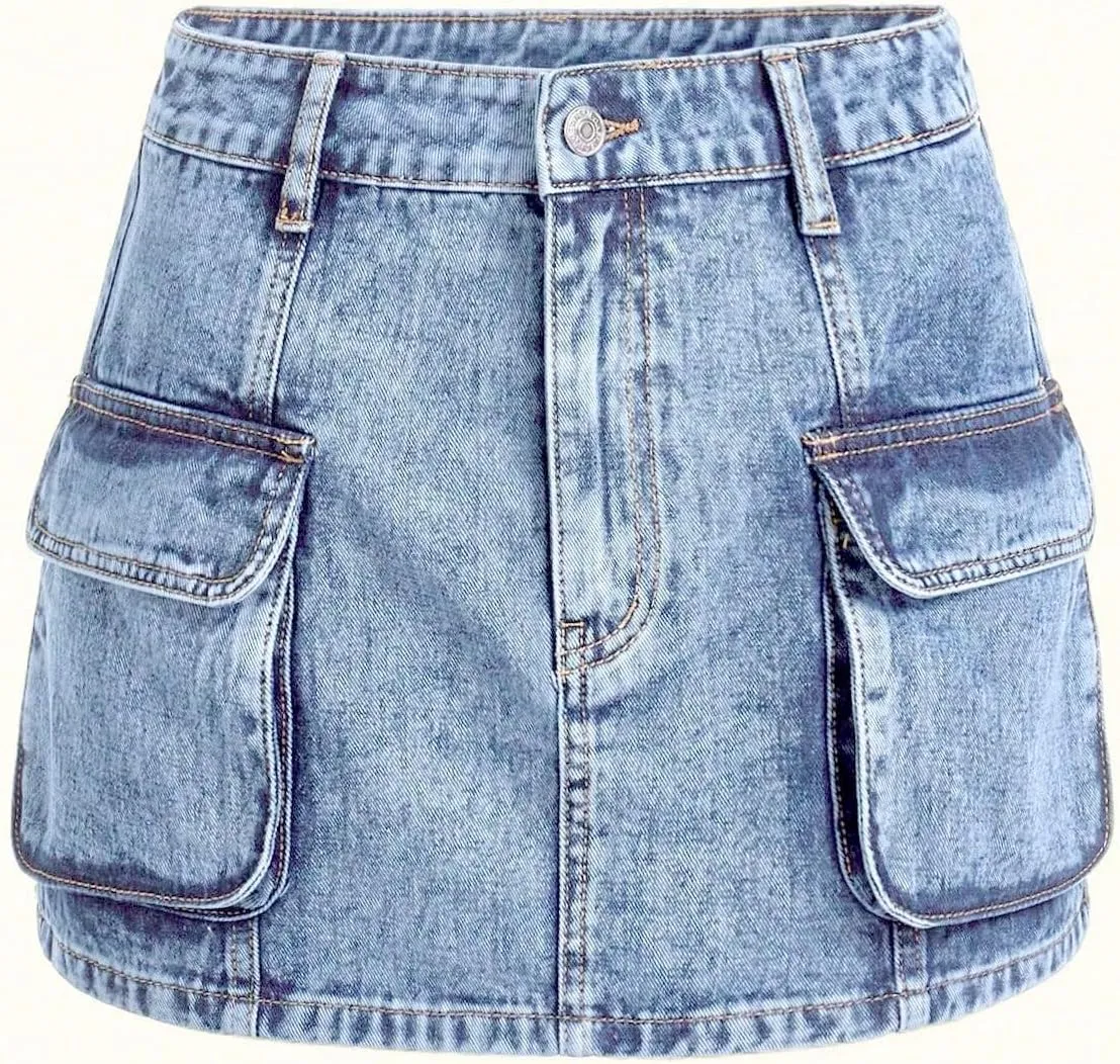 Floerns Women's High Waisted Denim Mini Skirt Flap Pocket Bodycon Jean Cargo Skirts