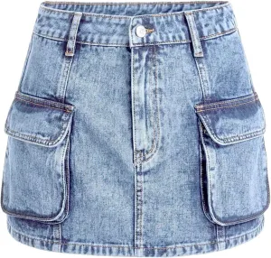 Floerns Women's High Waisted Denim Mini Skirt Flap Pocket Bodycon Jean Cargo Skirts