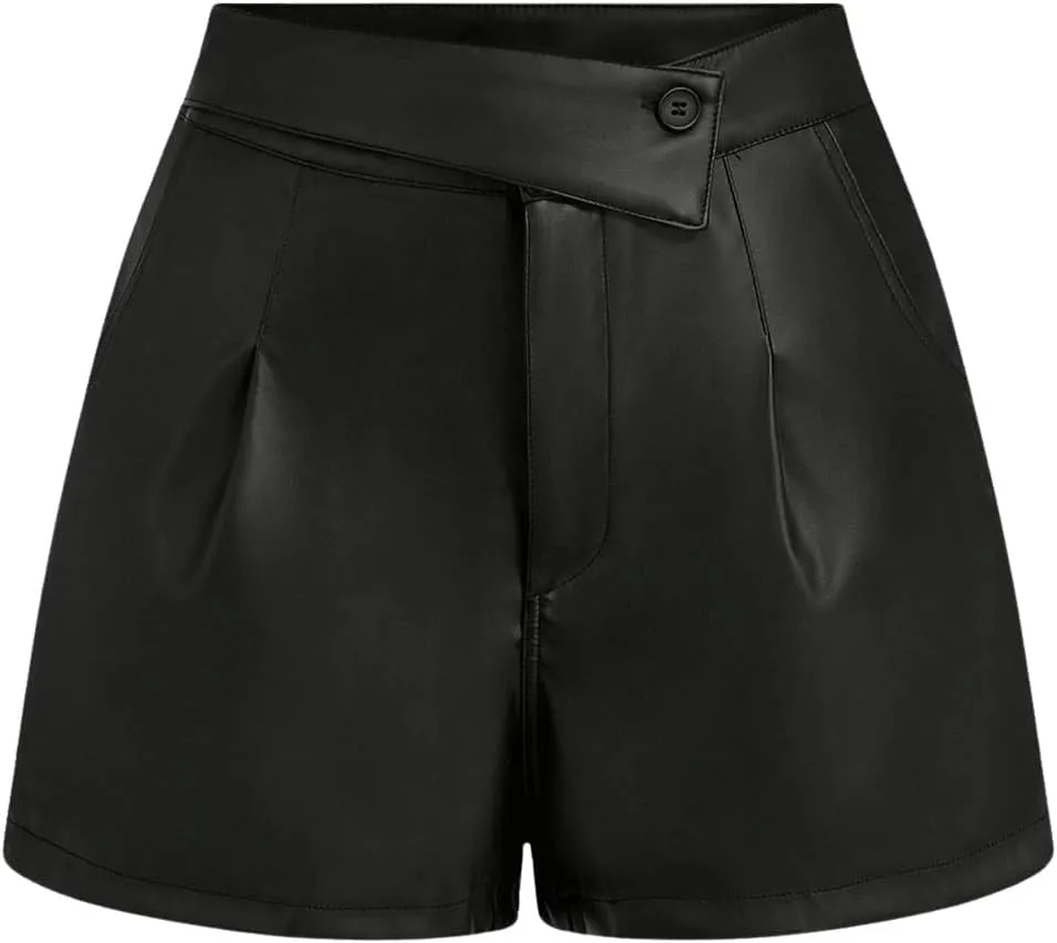 Floerns Women's PU Leather Straight Leg Mini Shorts Asymmetrical High Waisted Shorts
