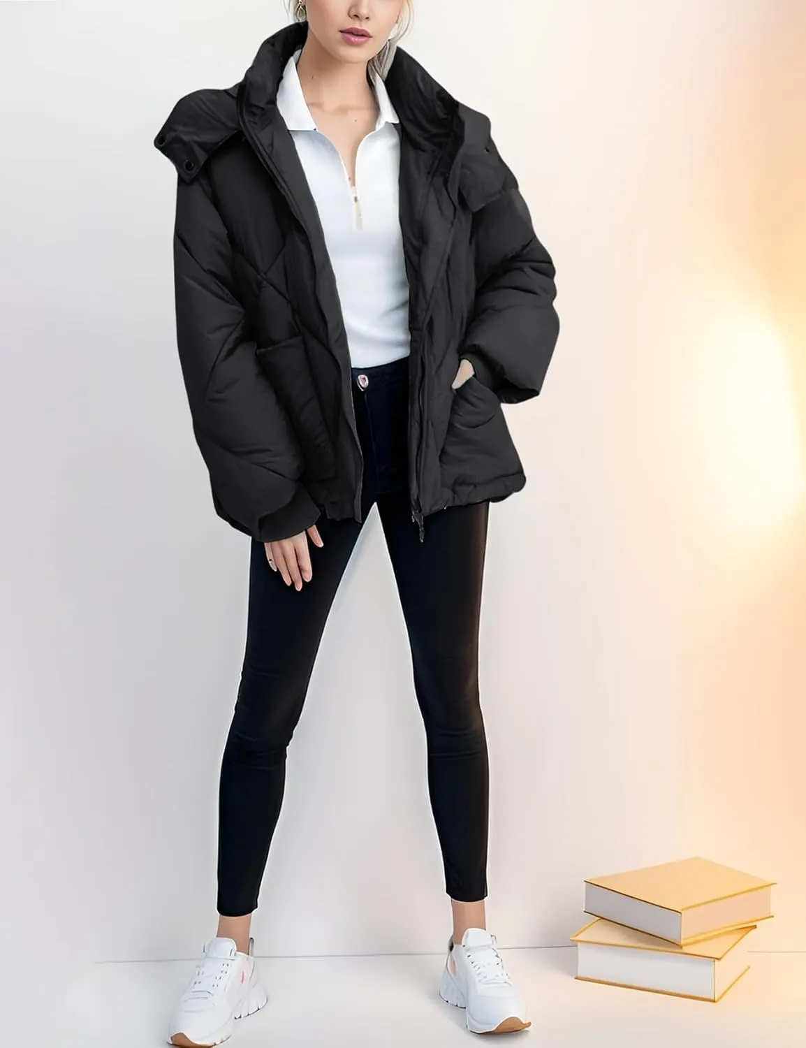 Flygo Womens Hooded Oversized Puffer Jacket Zip up Quilted Down Long Sleeve Winter Warm Hoodies Coat