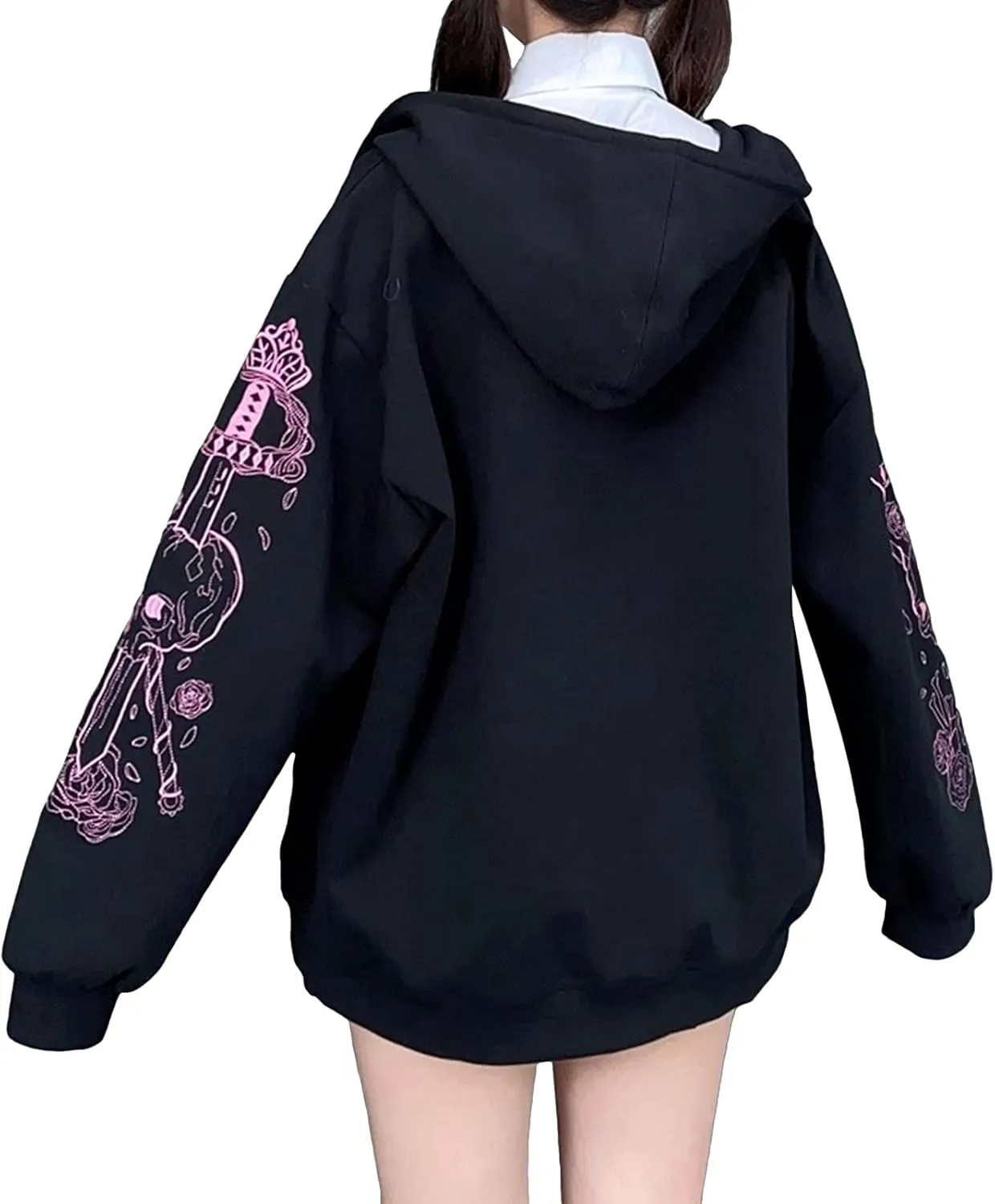 FOMOYUU Women Oversized Zip Up Hoodie Vintage Graphic Print Long Sleeve Hooded Sweatshirt Goth Punk Pullover Jacket Coat