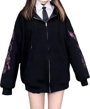 FOMOYUU Women Oversized Zip Up Hoodie Vintage Graphic Print Long Sleeve Hooded Sweatshirt Goth Punk Pullover Jacket Coat