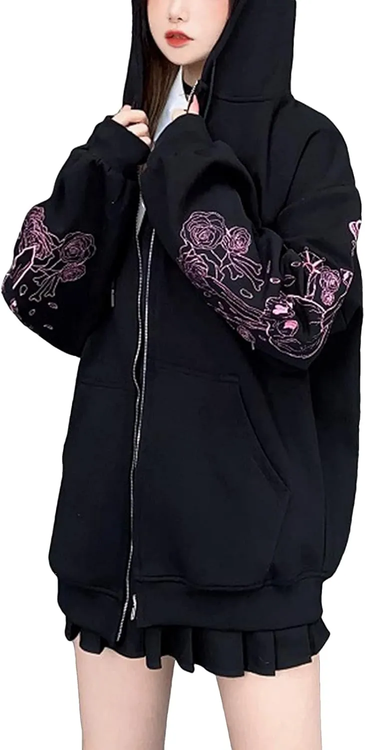 FOMOYUU Women Oversized Zip Up Hoodie Vintage Graphic Print Long Sleeve Hooded Sweatshirt Goth Punk Pullover Jacket Coat
