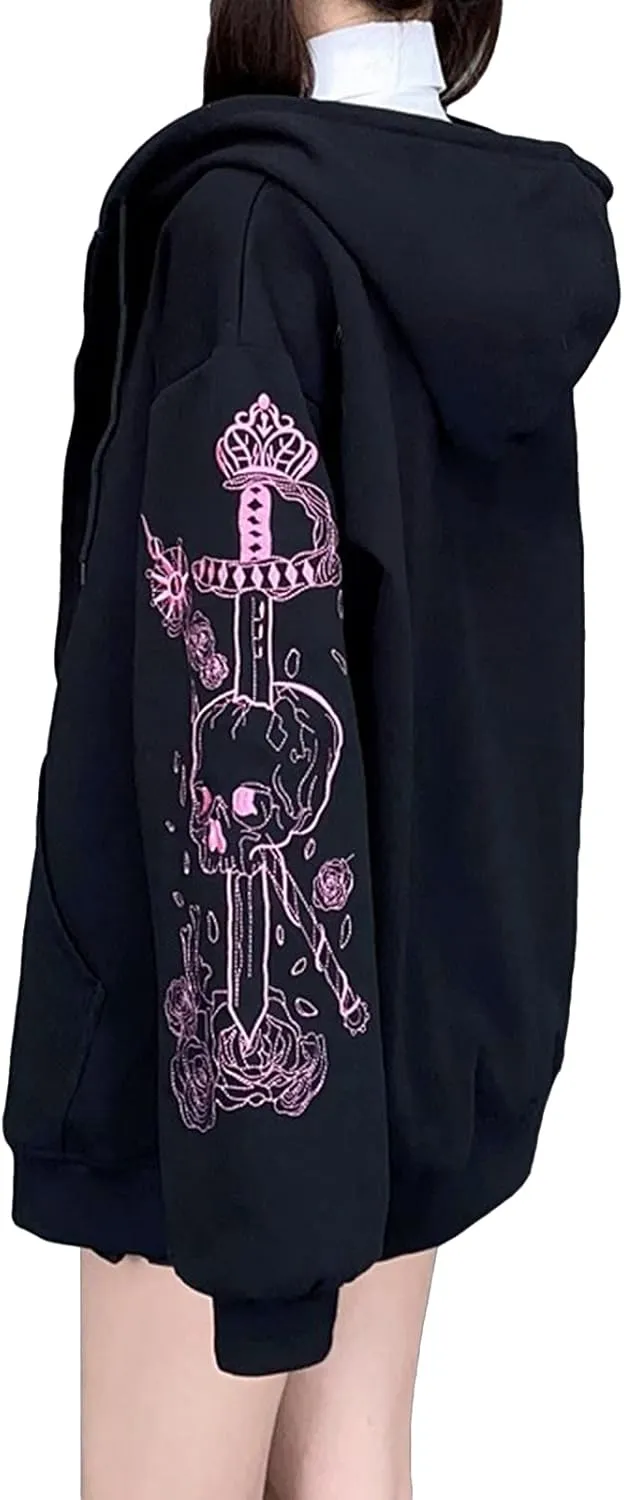 FOMOYUU Women Oversized Zip Up Hoodie Vintage Graphic Print Long Sleeve Hooded Sweatshirt Goth Punk Pullover Jacket Coat