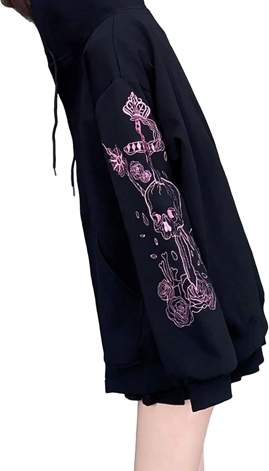 FOMOYUU Women Oversized Zip Up Hoodie Vintage Graphic Print Long Sleeve Hooded Sweatshirt Goth Punk Pullover Jacket Coat
