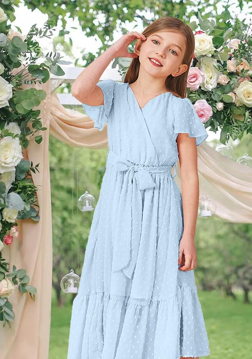 Girls Bohemian Dresses Flying Cap Sleeve V Neck Belt Calf Long Maxi Pleated Flowy Dresses for Girls