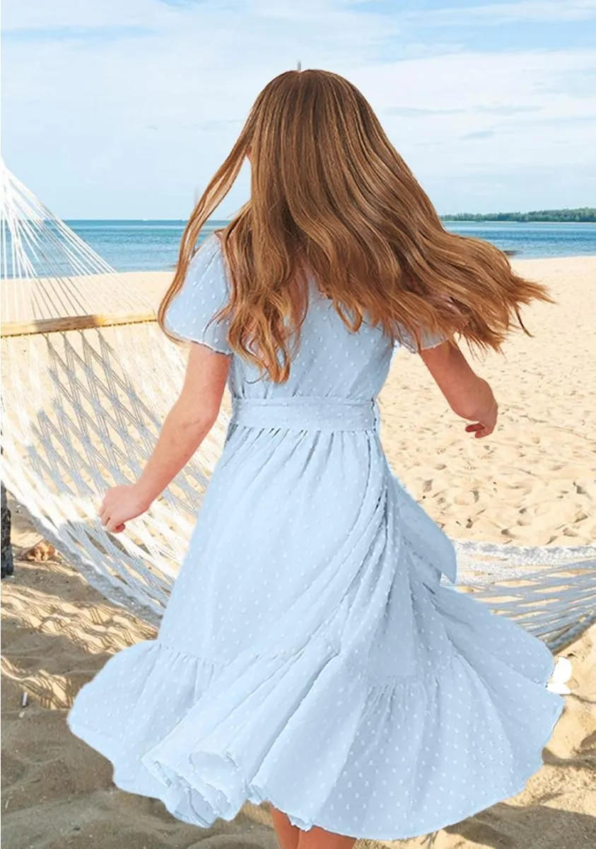 Girls Bohemian Dresses Flying Cap Sleeve V Neck Belt Calf Long Maxi Pleated Flowy Dresses for Girls