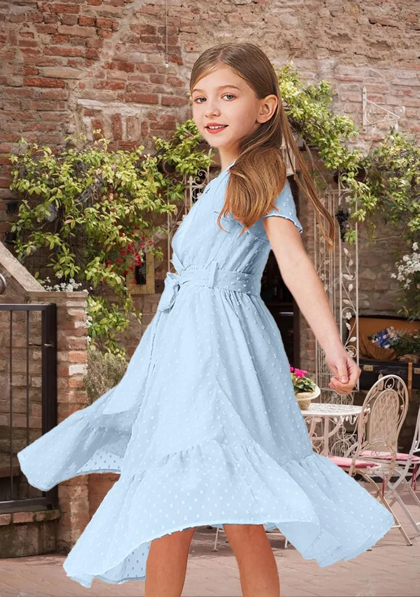 Girls Bohemian Dresses Flying Cap Sleeve V Neck Belt Calf Long Maxi Pleated Flowy Dresses for Girls