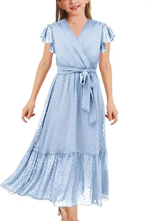 Girls Bohemian Dresses Flying Cap Sleeve V Neck Belt Calf Long Maxi Pleated Flowy Dresses for Girls