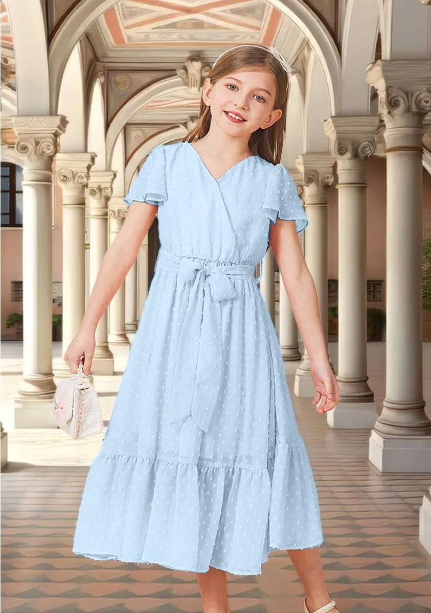 Girls Bohemian Dresses Flying Cap Sleeve V Neck Belt Calf Long Maxi Pleated Flowy Dresses for Girls