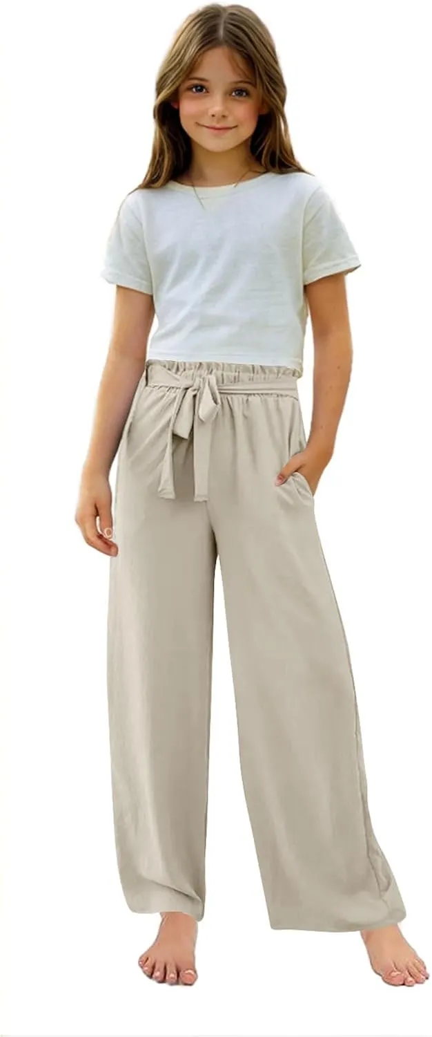 Girls Cotton Linen Palazzo Pants Wide Leg High Waist Smocked Flowy Trousers 2025 Kids Summer Beach Vacation Outfits