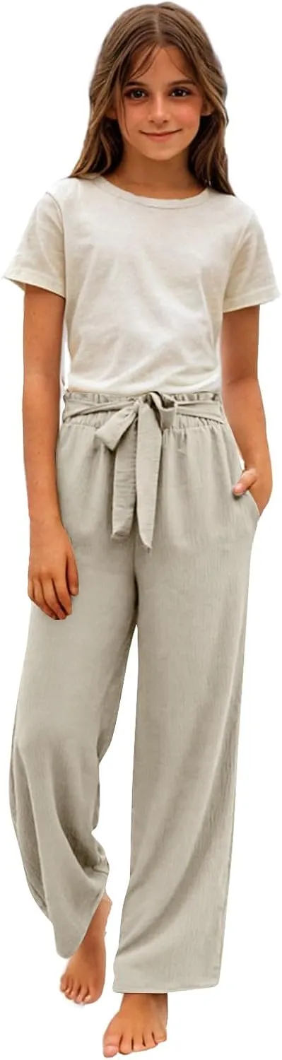 Girls Cotton Linen Palazzo Pants Wide Leg High Waist Smocked Flowy Trousers 2025 Kids Summer Beach Vacation Outfits