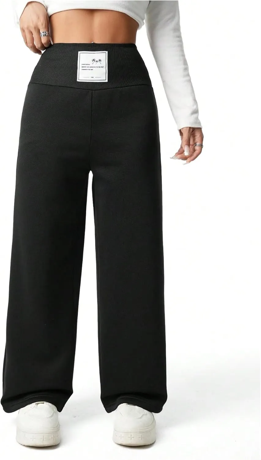 Girl's Elastic High Waisted Sweatpants Wide Leg Letter Patched Track Pants Trousers