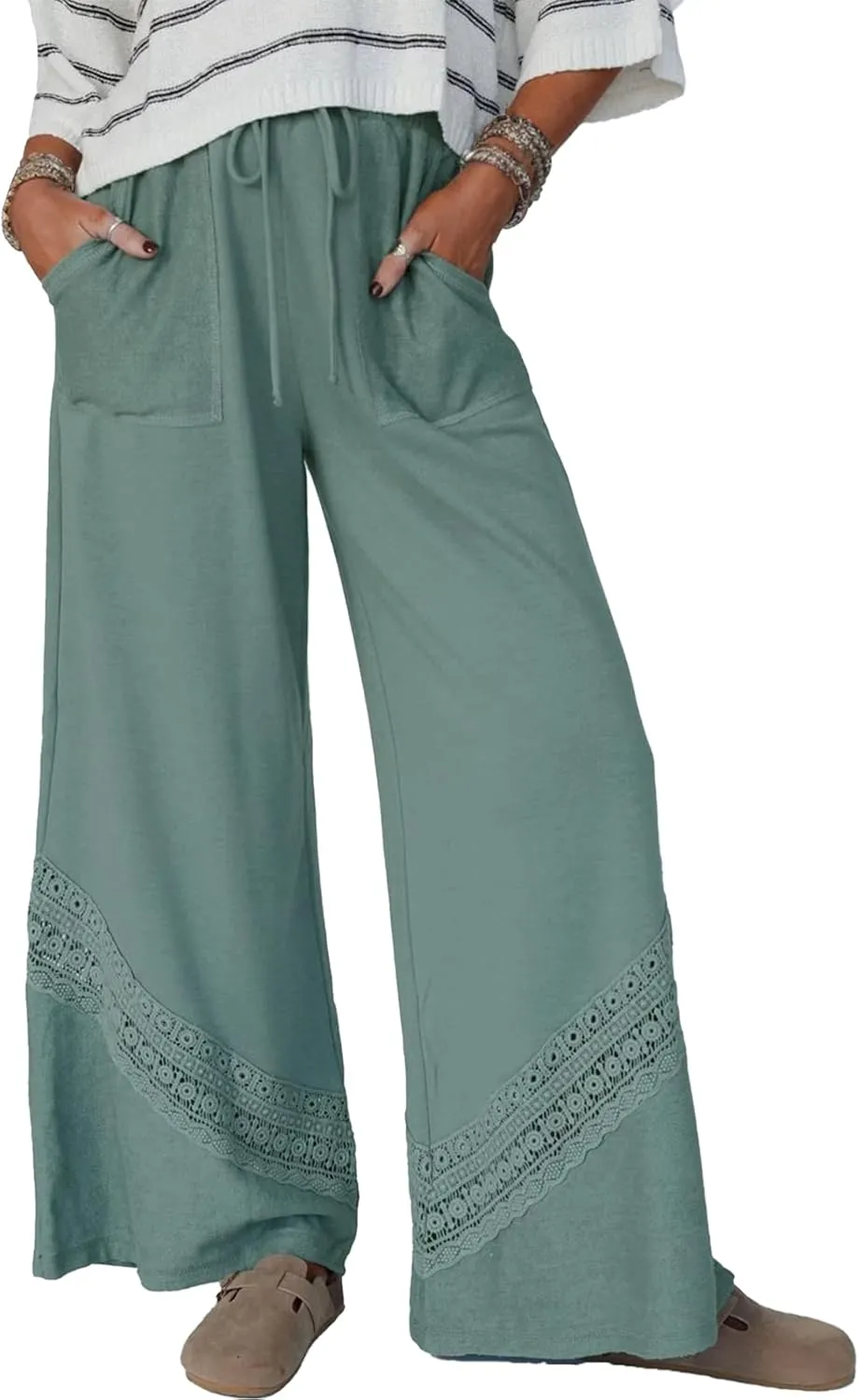 Gnveub Women's Lyrical Wide Leg Lounge Pants with Pocket High Waisted Adjustable Tie Knot Trousers