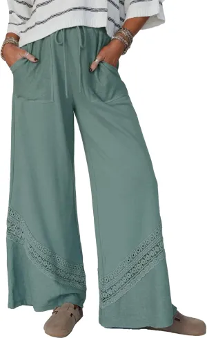 Gnveub Women's Lyrical Wide Leg Lounge Pants with Pocket High Waisted Adjustable Tie Knot Trousers