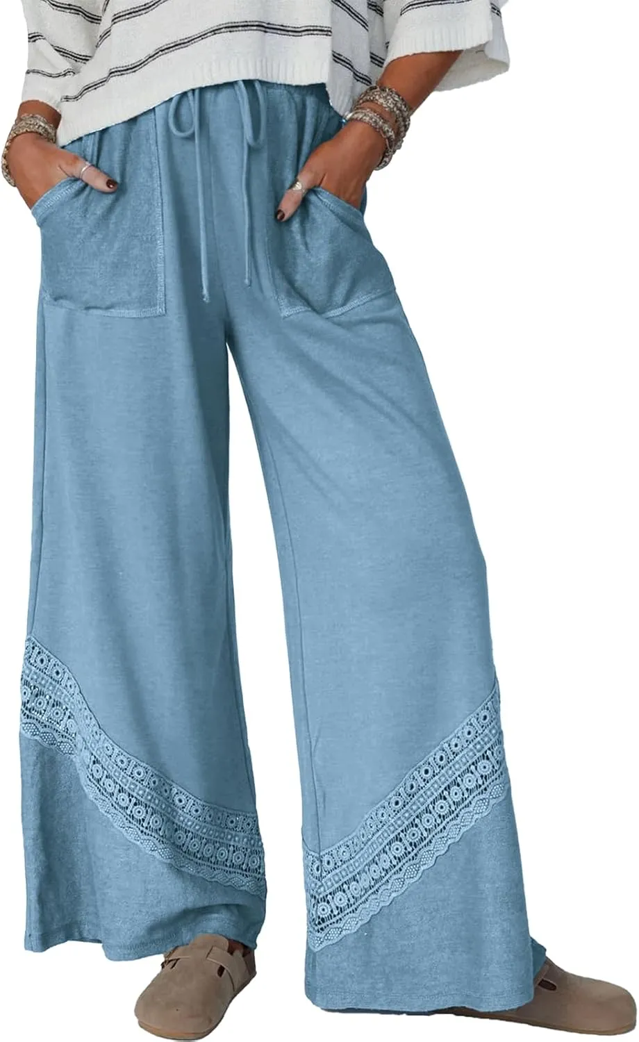 Gnveub Women's Lyrical Wide Leg Lounge Pants with Pocket High Waisted Adjustable Tie Knot Trousers